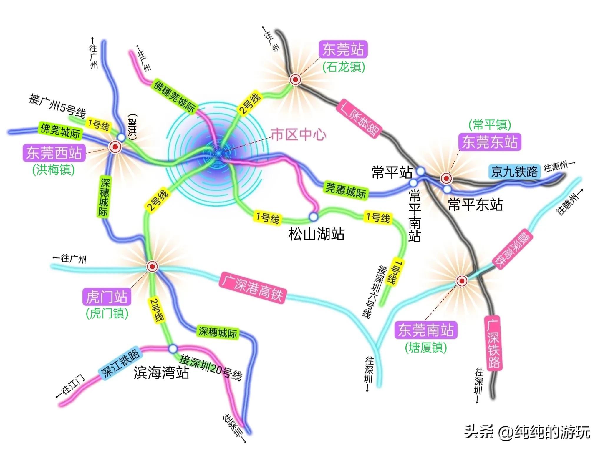 广东东莞市5座主要火车站的途经线路与站点位置